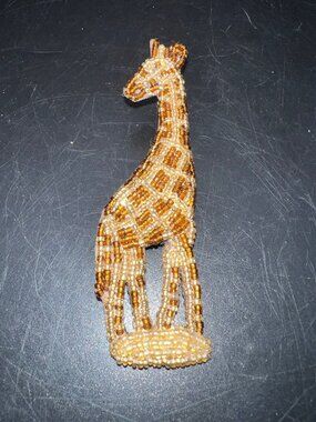 Handcrafted Beaded Giraffe Brooch Pin Brown & Gold Beads Seed Bead  Embroidery